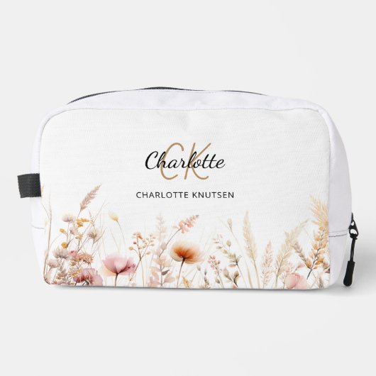 Wildbloemen roze beige monogram naam toilettasje (Voorkant)