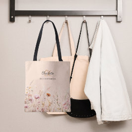 Wildbloemen roze beige monogram naam tote bag