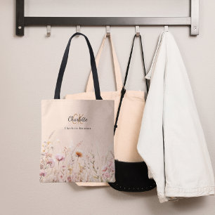 Wildbloemen roze beige monogram naam tote bag