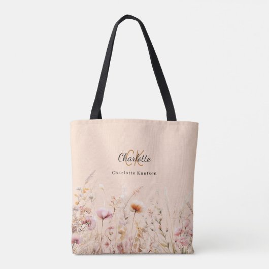 Wildbloemen roze beige monogram naam tote bag (Achterkant)