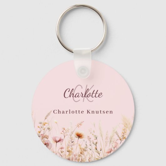 Wildbloemen roze beige monogram sleutelhanger (Achterkant)