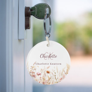Wildbloemen roze beige monogram sleutelhanger
