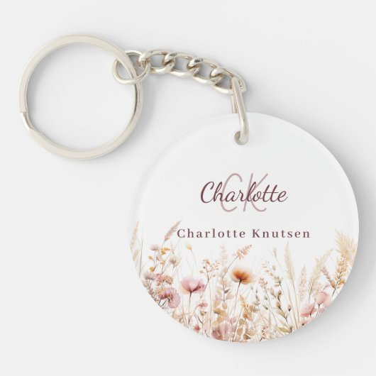 Wildbloemen roze beige monogram sleutelhanger (Voorkant)
