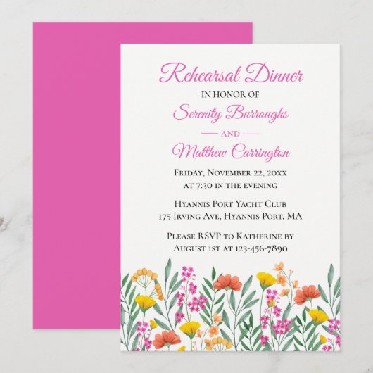Wildbloemen roze bloemenbruiloft repetitie diner kaart (Voorkant / Achterkant)