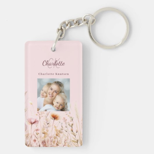 Wildbloemen roze foto monogram sleutelhanger (achterkant)