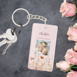 Wildbloemen roze foto monogram sleutelhanger