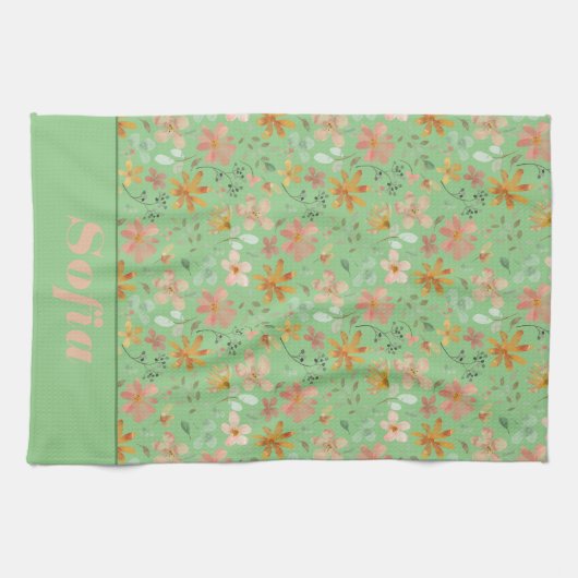 Wildbloemen roze geel patroon aangepaste naam groe theedoek (Horizontaal)