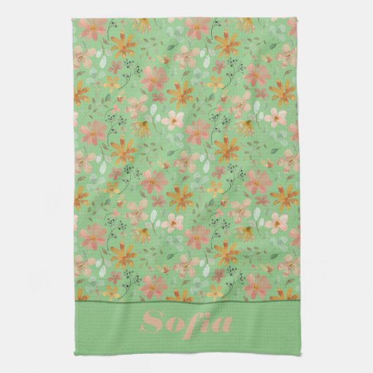 Wildbloemen roze geel patroon aangepaste naam groe theedoek (Verticaal)