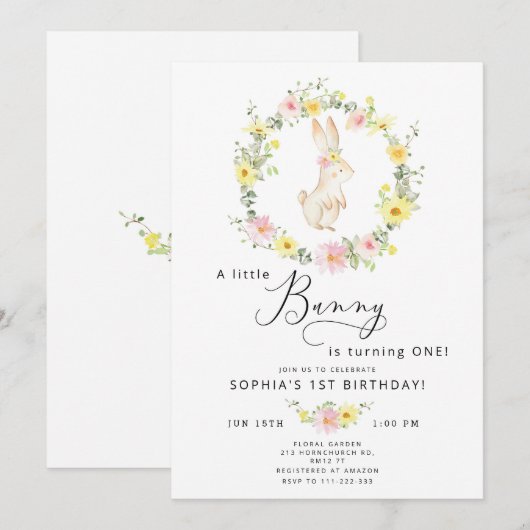 Wildbloemen roze kleine bunny 1 verjaardag kaart (Voorkant / Achterkant)