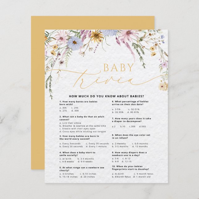 Wildbloemen Schattige Baby Trivia Baby shower Game (Voorkant / Achterkant)