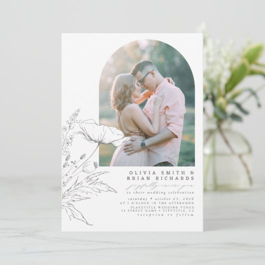 Wildbloemen Schketch Elegant Weddenfoto Kaart (Staand voorkant)