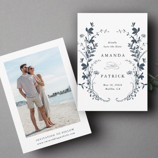 Wildbloemen Silhouet Bruiloft Foto Navy Blue Save The Date