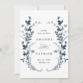 Wildbloemen Silhouet Bruiloft Foto Navy Blue Save The Date (Voorkant)