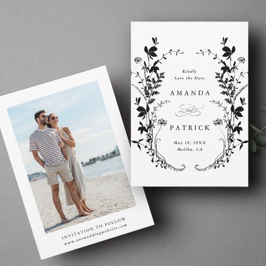 Wildbloemen Silhouet Bruiloft Foto Zwart & Wit Save The Date