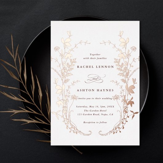 Wildbloemen Silhouet Krans Bruiloft Roos Goud Folie Uitnodiging
