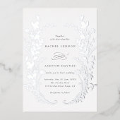 Wildbloemen Silhouet Krans Bruiloft Zilver Folie Uitnodiging (Voorkant)