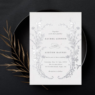Wildbloemen Silhouet Krans Bruiloft Zilver Folie Uitnodiging