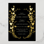 Wildbloemen silhouet krans zwart bruiloft goud folie uitnodiging (Voorkant)