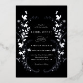 Wildbloemen Silhouet Krans Zwart Bruiloft Zilver Folie Uitnodiging (Voorkant)