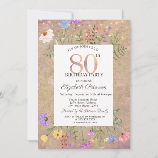 Wildbloemen String Lights 80th Birthday Invitation Kaart (Voorkant)