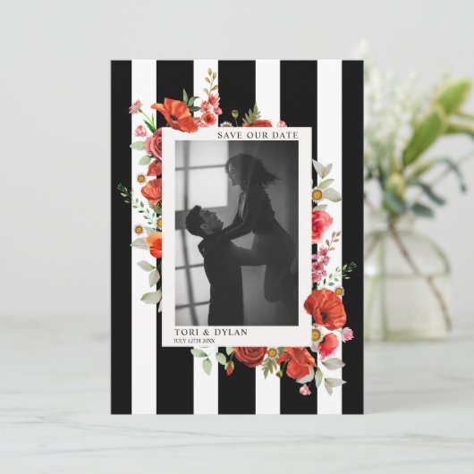 Wildbloemen Stripe Weddenschap Foto slaat de datum Save The Date (Staand voorkant)