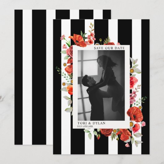 Wildbloemen Stripe Weddenschap Foto slaat de datum Save The Date (Voorkant / Achterkant)
