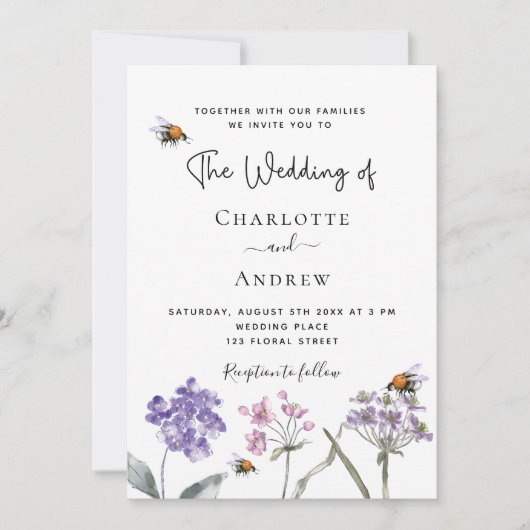 Wildbloemen violet roze QR RSVP details bruiloft Kaart (Voorkant)