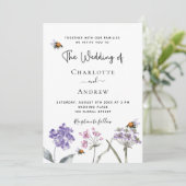 Wildbloemen violet roze QR RSVP details bruiloft Kaart (Staand voorkant)