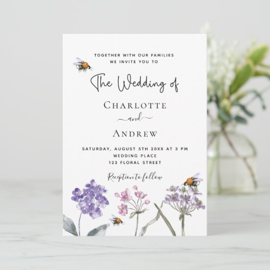 Wildbloemen violet roze QR RSVP details bruiloft Kaart (Staand voorkant)