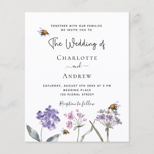 Wildbloemen violette QR budget bruiloft uitnodigin (Voorkant)