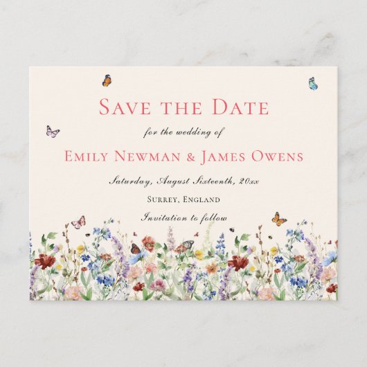 Wildbloemen & Vlinders Bruiloft Save the Date Briefkaart (Voorkant)