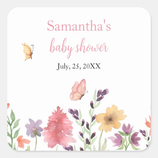 wildbloemen vlinders tuinroze baby shower vierkante sticker (Voorkant)