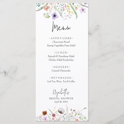 Wildbloemen Vrijgezellenfeest Menu (Voorkant)