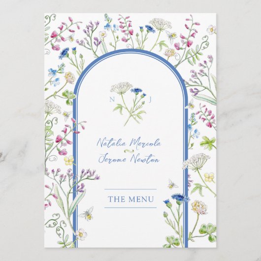 Wildbloemen waterverf blauw bruiloft Flat Menu (Voorkant)