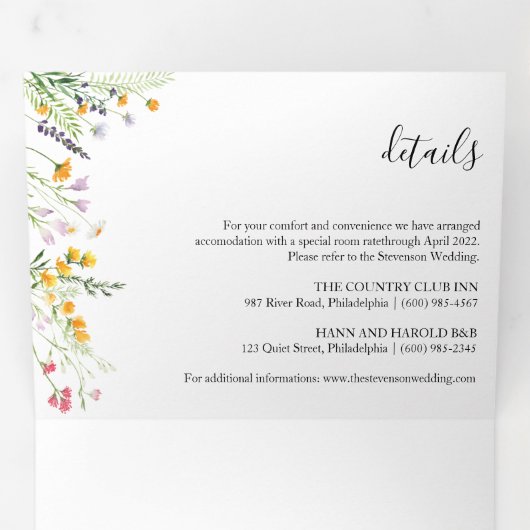 Wildbloemen Weddenfoto Tri-Fold Uitnodiging (Binnenzijde eerst)