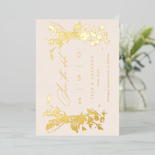 Wildbloemen Weddenschap Bespaar de datum Blush & G Folie Uitnodiging (Staand Voorkant)