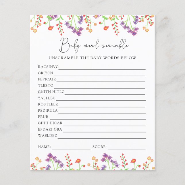 Wildbloemen Woordpuzzel | Baby Shower Spel (Voorkant)
