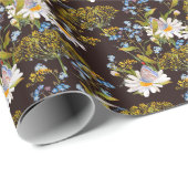 Wildbloemen: zwarte achtergrond waterverf cadeaupapier (Rol Hoek)