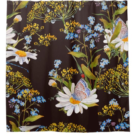 Wildbloemen: zwarte achtergrond waterverf douchegordijn (Voorkant)