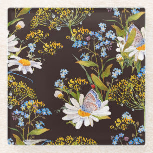 Wildbloemen: zwarte achtergrond waterverf glazen onderzetter