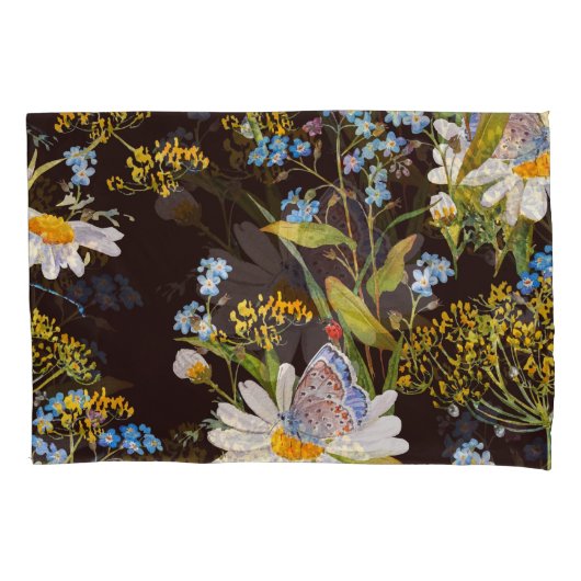 Wildbloemen: zwarte achtergrond waterverf kussensloop (Voorkant)