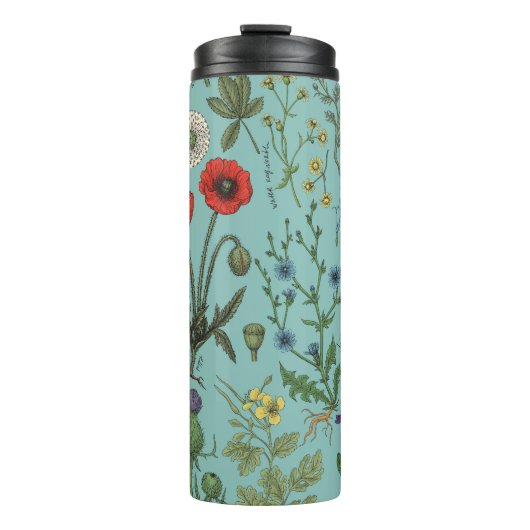 Wildbloemencollage op blauw thermosbeker (Voorkant)