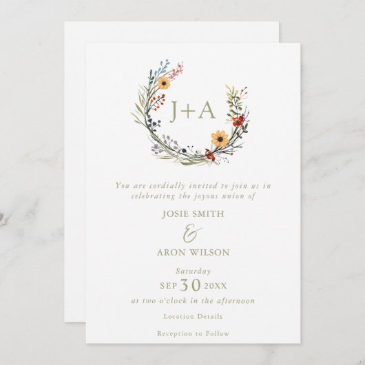 Wildbloemenkrans initialen bruiloft Kaart (Voorkant / Achterkant)