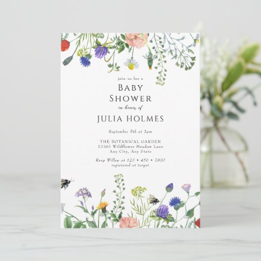 Wildbloemgroen | Bijen Bloemen | BABY SHOWER Kaart (Staand voorkant)