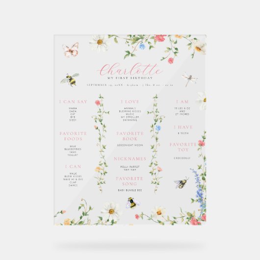 Wildbloemhommel | 1e Verjaardag mijlpaal Acryl Bord (Voorkant)