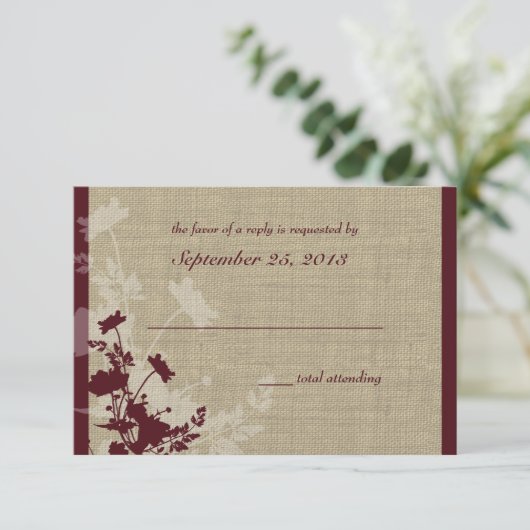 Wildbloemigen en Burlap Huwelijksreactie RSVP Kaartje (Staand voorkant)