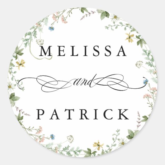Wildbloemkrans Elegante bruiloft Ronde Sticker (Voorkant)