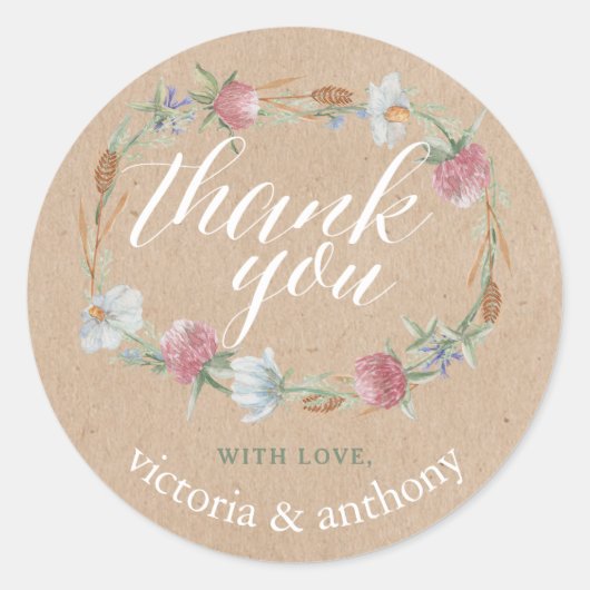 Wildbloemkrans op Kraft Country Wedding Dank Ronde Sticker (Voorkant)
