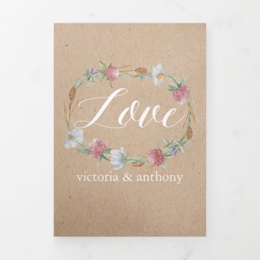 Wildbloemkrans op Kraft Country Wedding Suite Drieluik Uitnodiging (Cover)