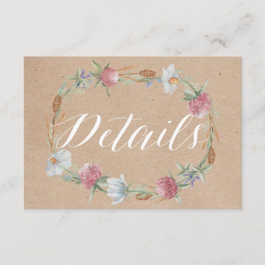 Wildbloemkrans op Kraft land bruiloft detail Informatiekaartje (Voorkant)